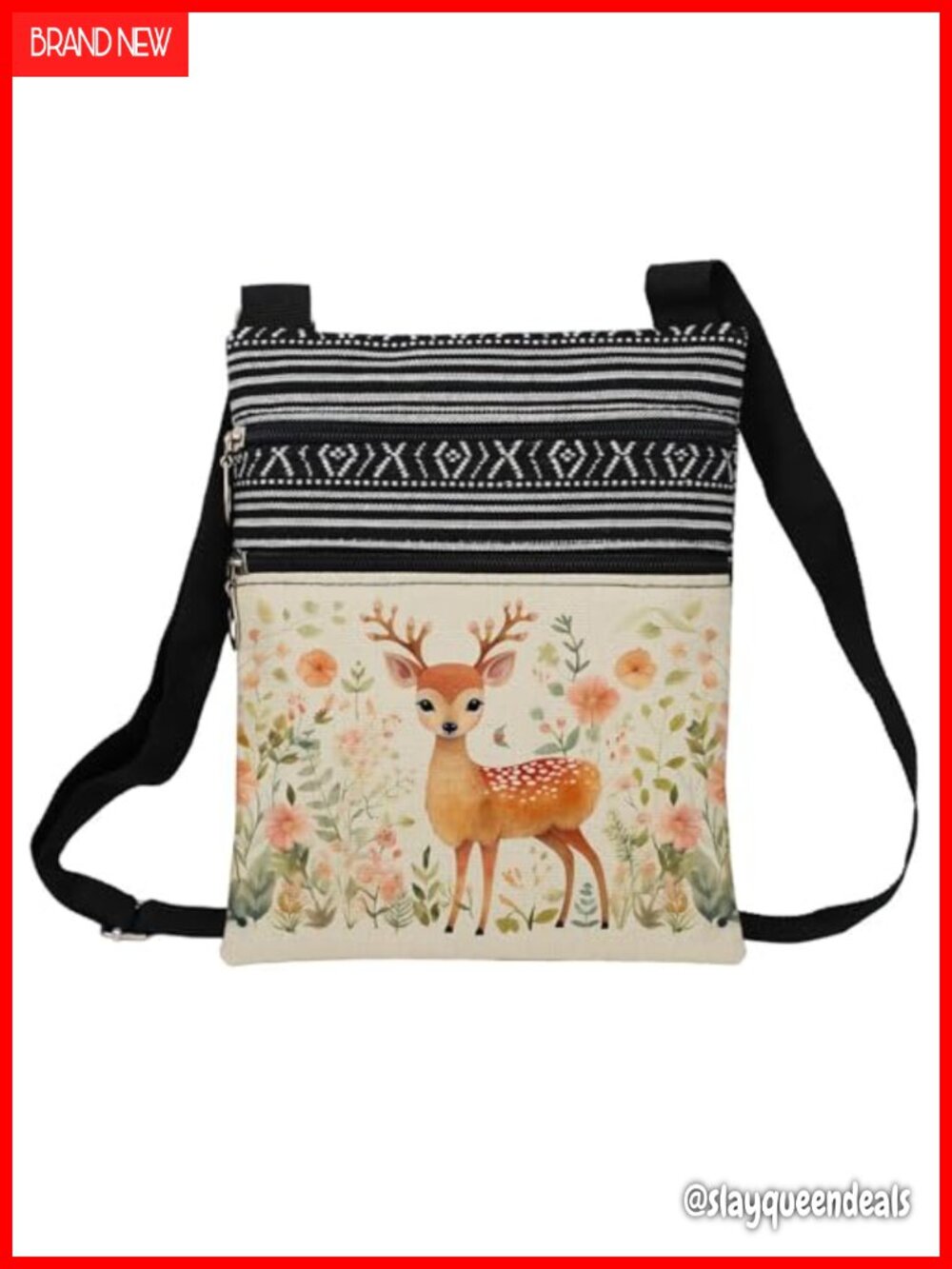 Floral Deer Printed Polyester Crossbody Bag Adjustable Strap